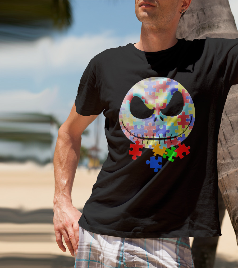 Jacks Skellingtons Faces Autism Awareness Puzzle T-Shirt