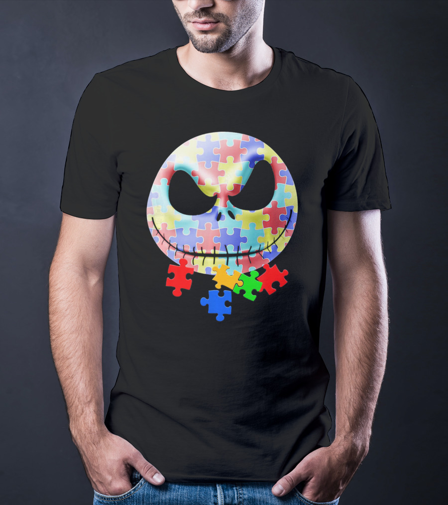 Jacks Skellingtons Faces Autism Awareness Puzzle T-Shirt