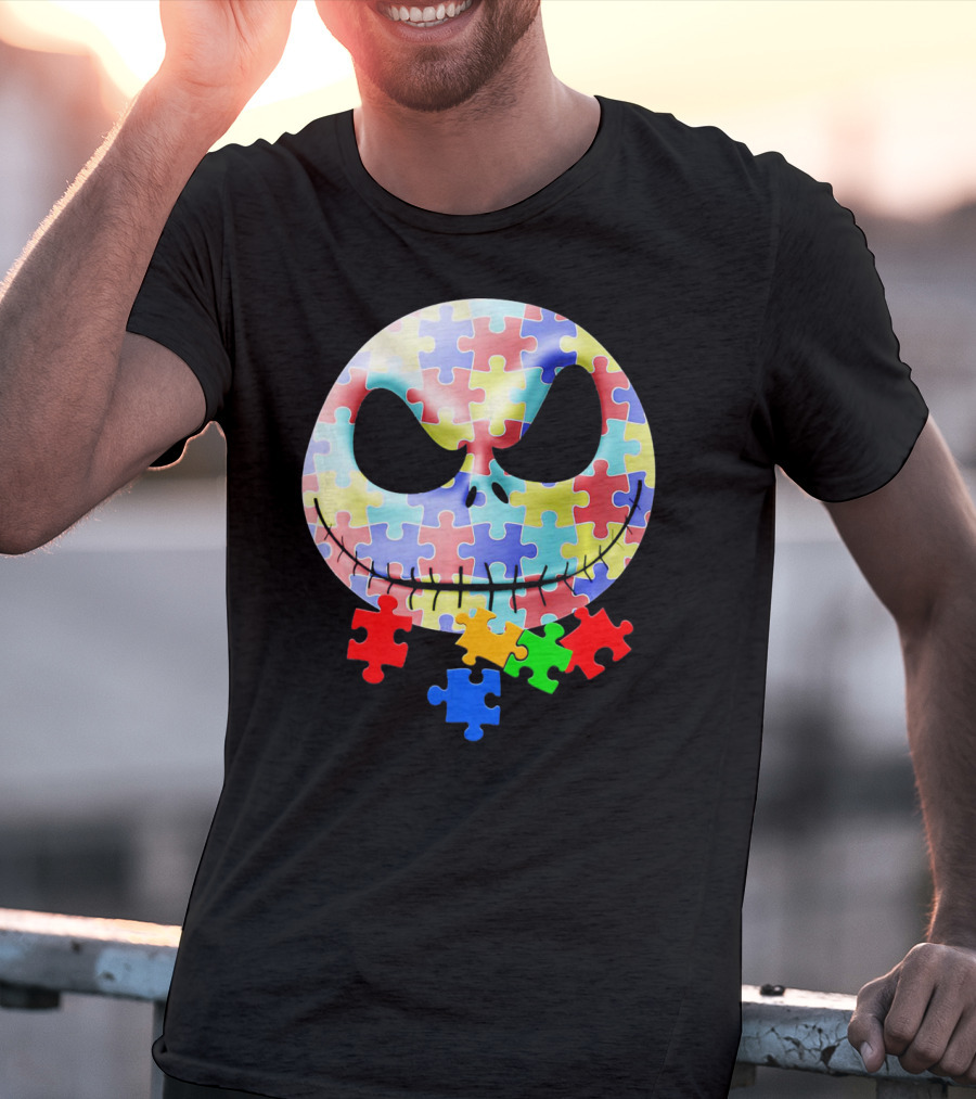 Jacks Skellingtons Faces Autism Awareness Puzzle T-Shirt