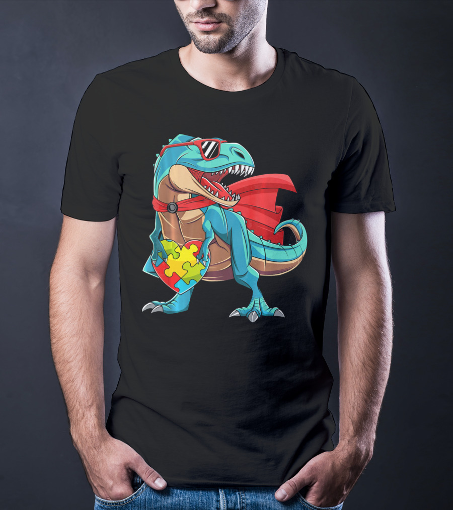 Autism Awareness Dinosaur Puzzle With Superhero Cape And Sunglasses T-Shirt