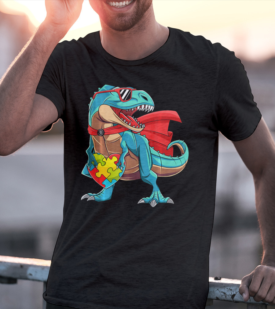 Autism Awareness Dinosaur Puzzle With Superhero Cape And Sunglasses T-Shirt