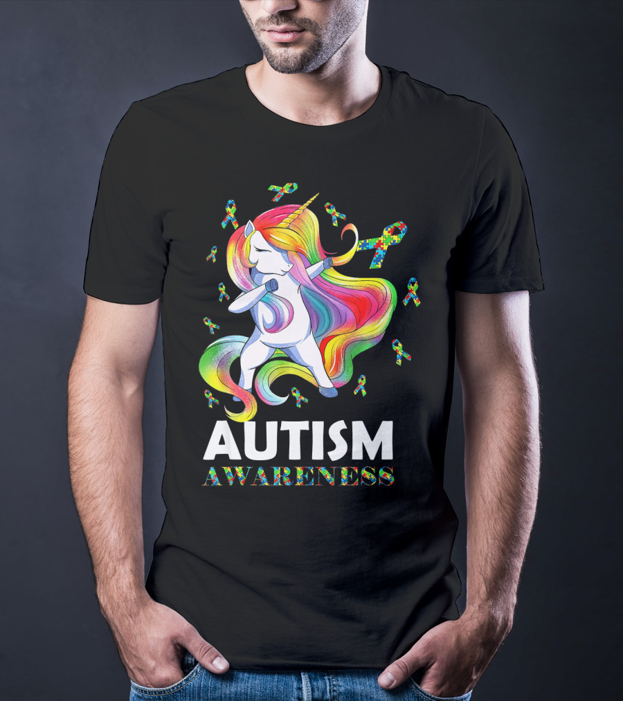 Autism Awareness Dabbing Unicorn With Colorful Puzzle Ribbons T-Shirt