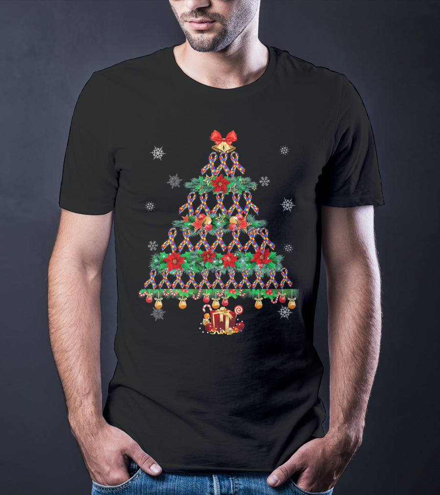 Autism Christmas Tree Puzzles And Xmas Lights With Presents And Snowflakes T-Shirt