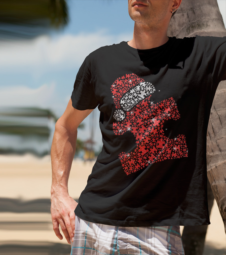 Puzzle Pieces Santa Hat Autism Awareness T-Shirt