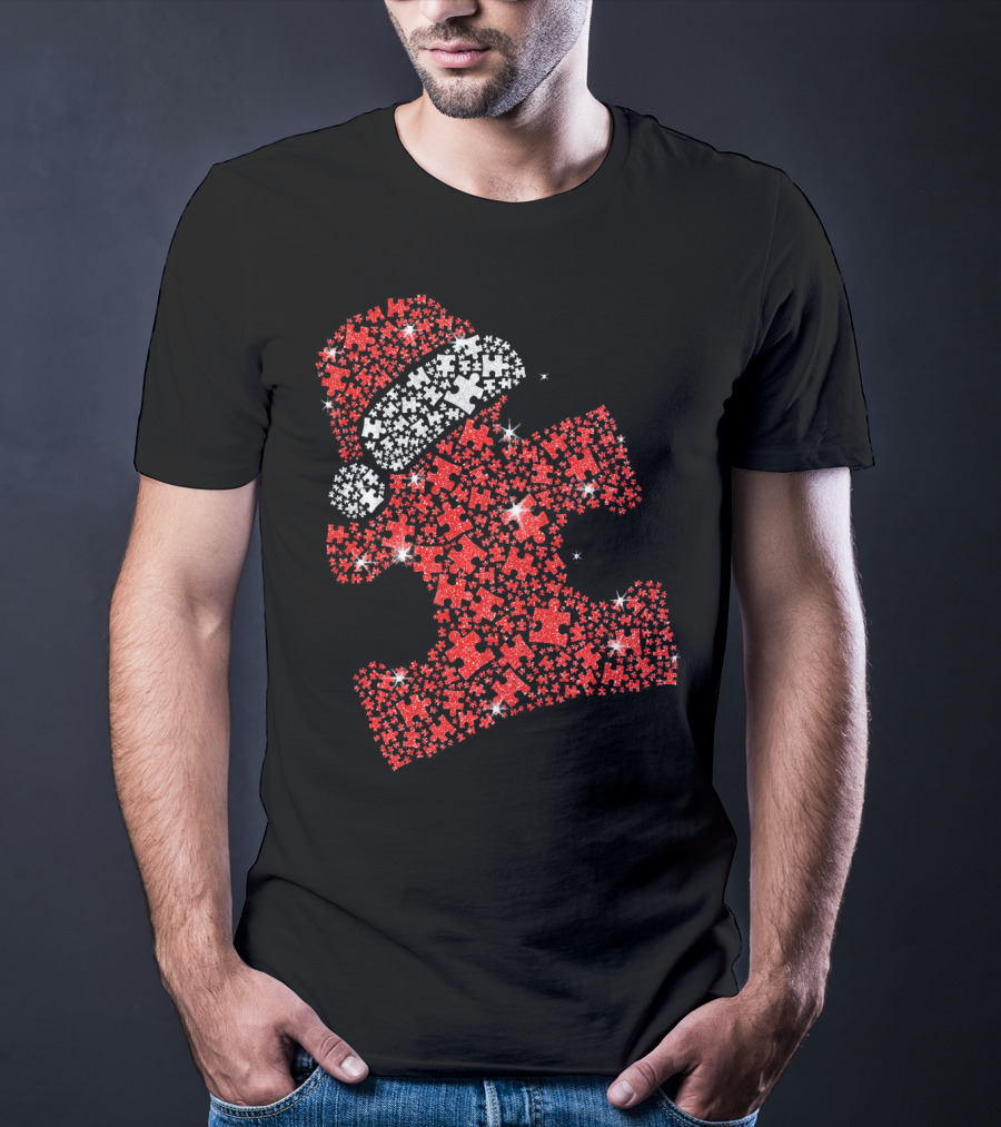Puzzle Pieces Santa Hat Autism Awareness T-Shirt