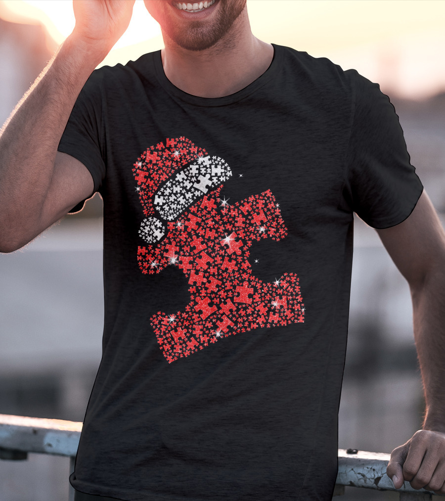 Puzzle Pieces Santa Hat Autism Awareness T-Shirt
