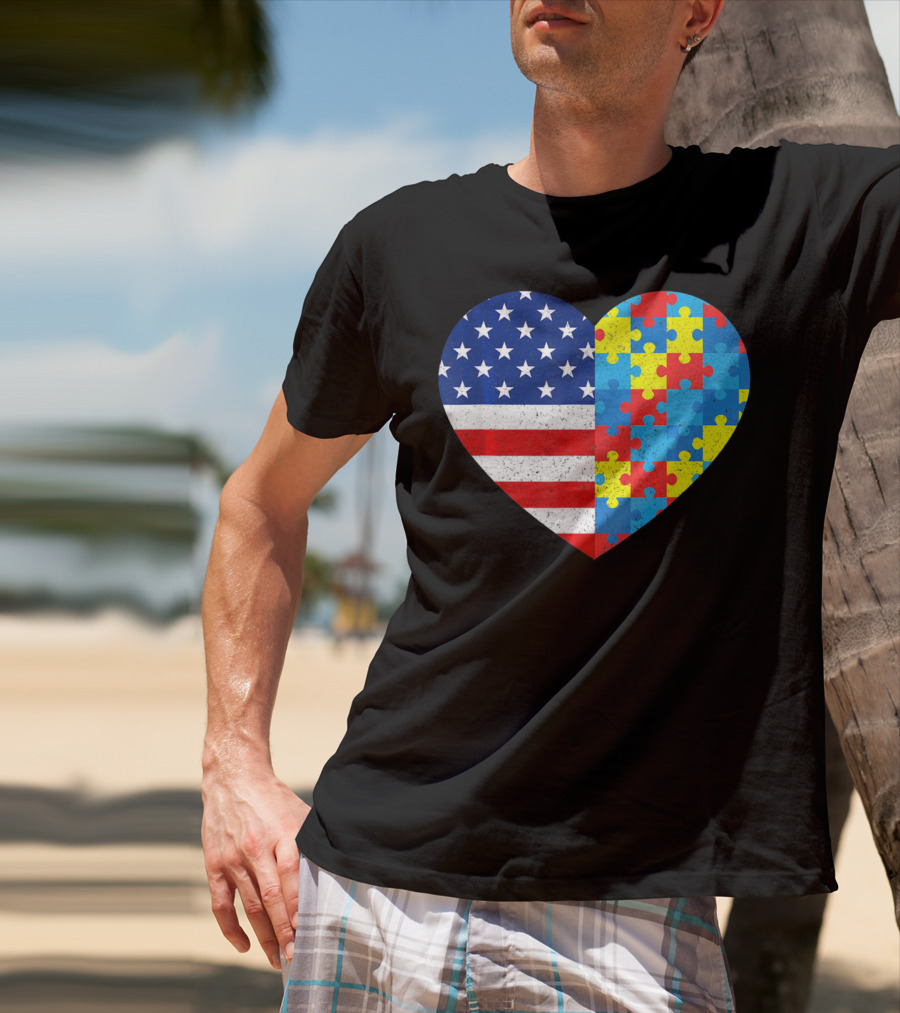 American Flag Heart Autism Awareness Puzzle Piece T-Shirt