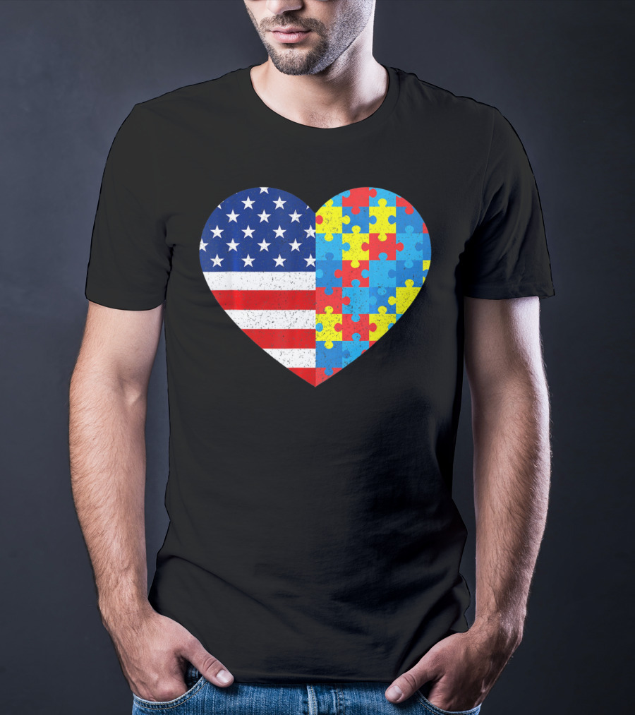 American Flag Heart Autism Awareness Puzzle Piece T-Shirt