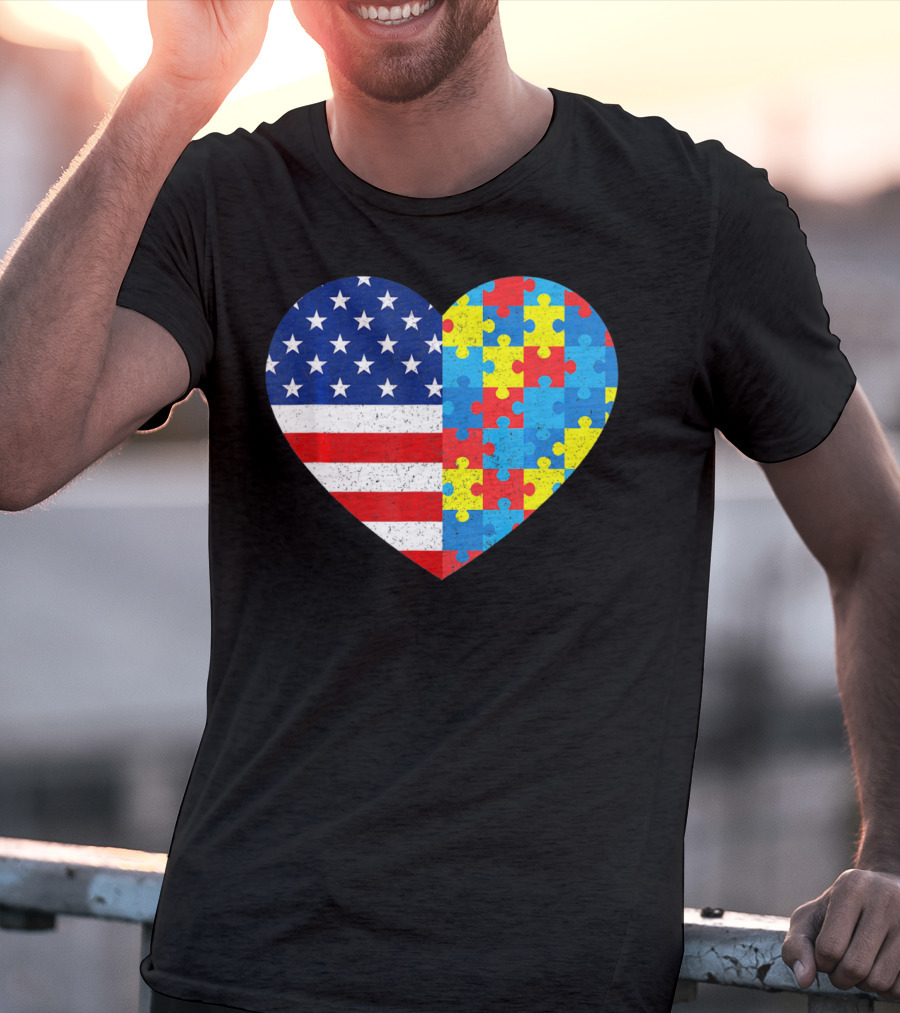 American Flag Heart Autism Awareness Puzzle Piece T-Shirt