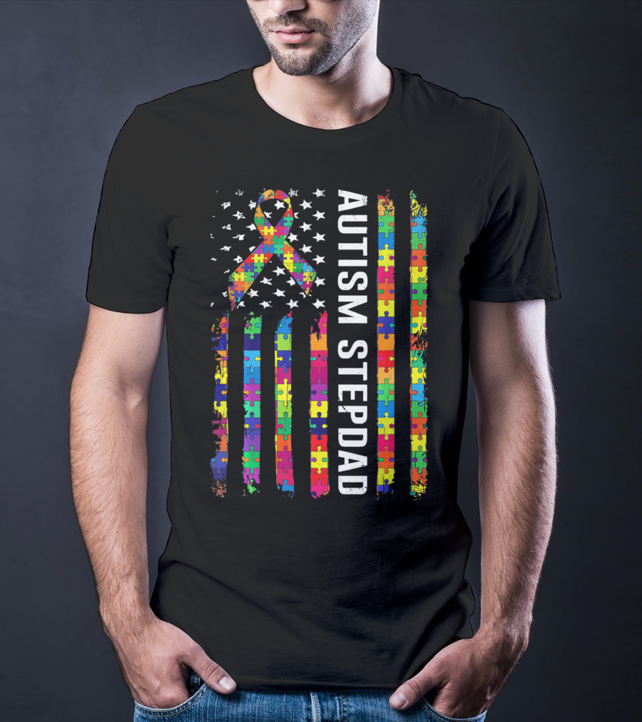 Autism Stepdad American Flag Puzzle T-Shirt