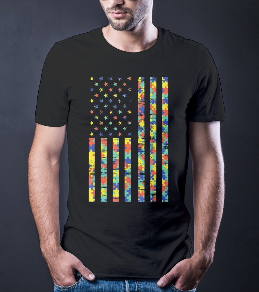American Flag Puzzle Autism Awareness Stars T-Shirt