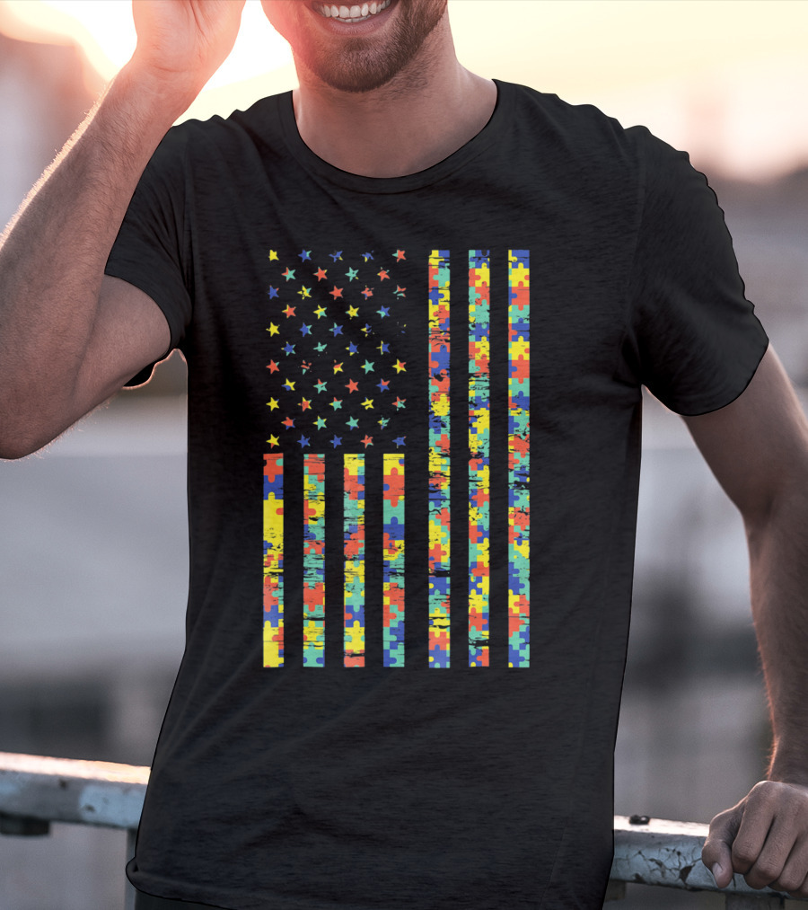 American Flag Puzzle Autism Awareness Stars T-Shirt