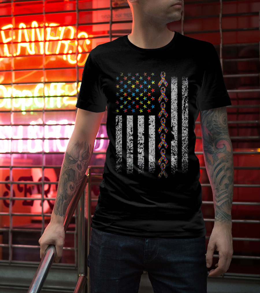 USA Flag With Autism Awareness Ribbon T-Shirt