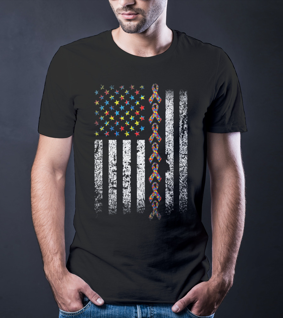 USA Flag With Autism Awareness Ribbon T-Shirt