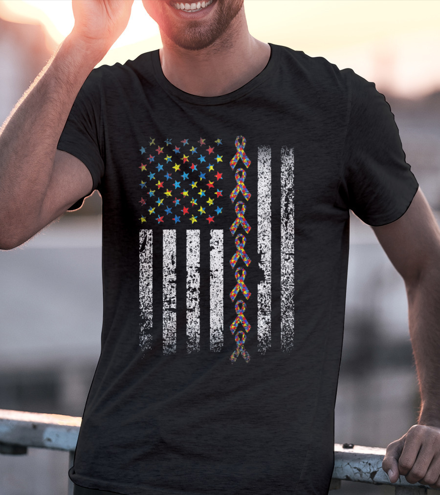 USA Flag With Autism Awareness Ribbon T-Shirt