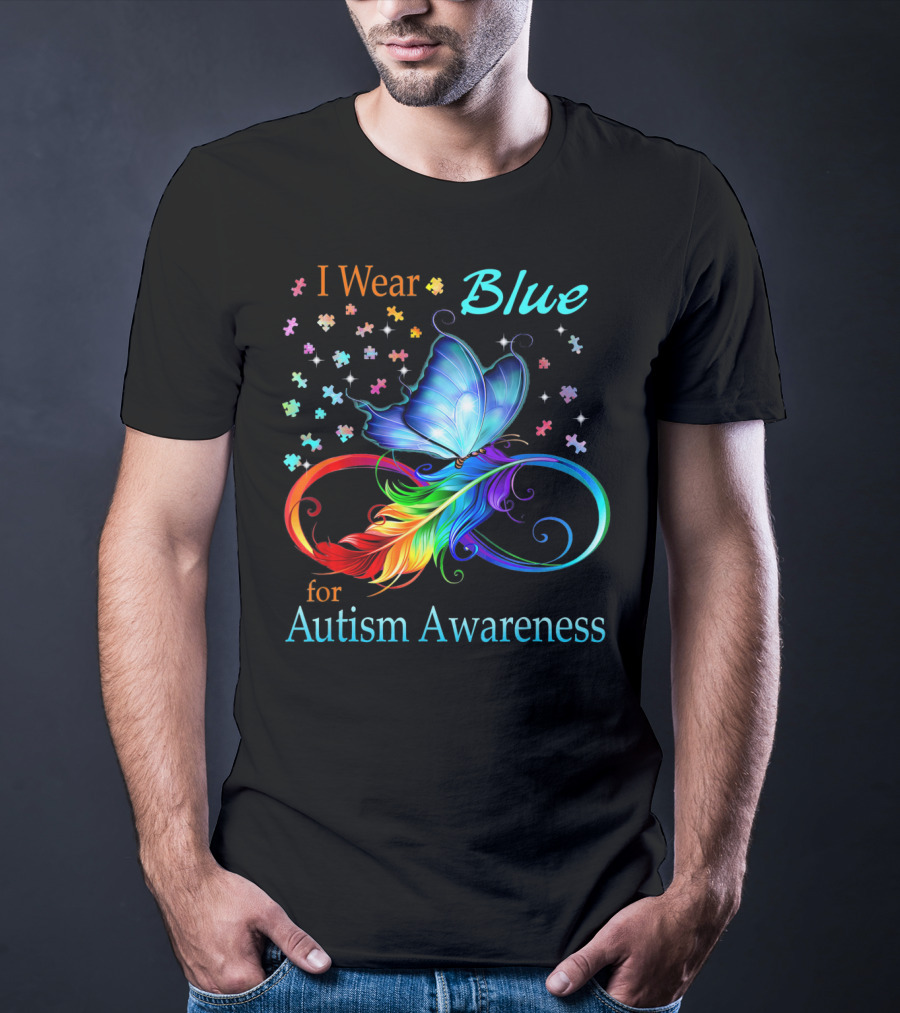 I Wear Blue For Autism Awareness Butterfly Ribbon Puzzle Pieces T-Shirt