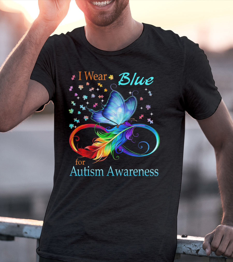 I Wear Blue For Autism Awareness Butterfly Ribbon Puzzle Pieces T-Shirt