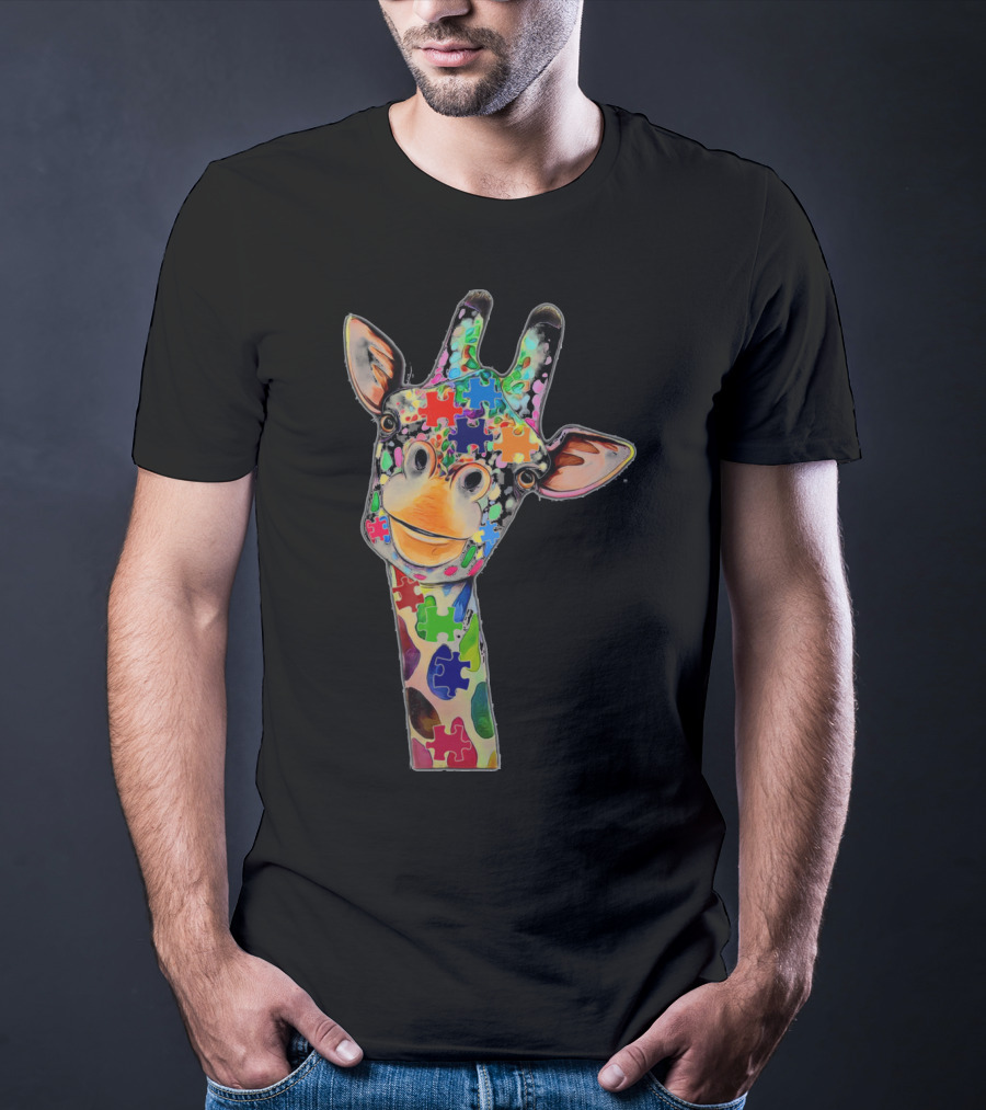 Cute Giraffe With Colorful Puzzle Pieces For Happy Autism Day Awareness T-Shirt