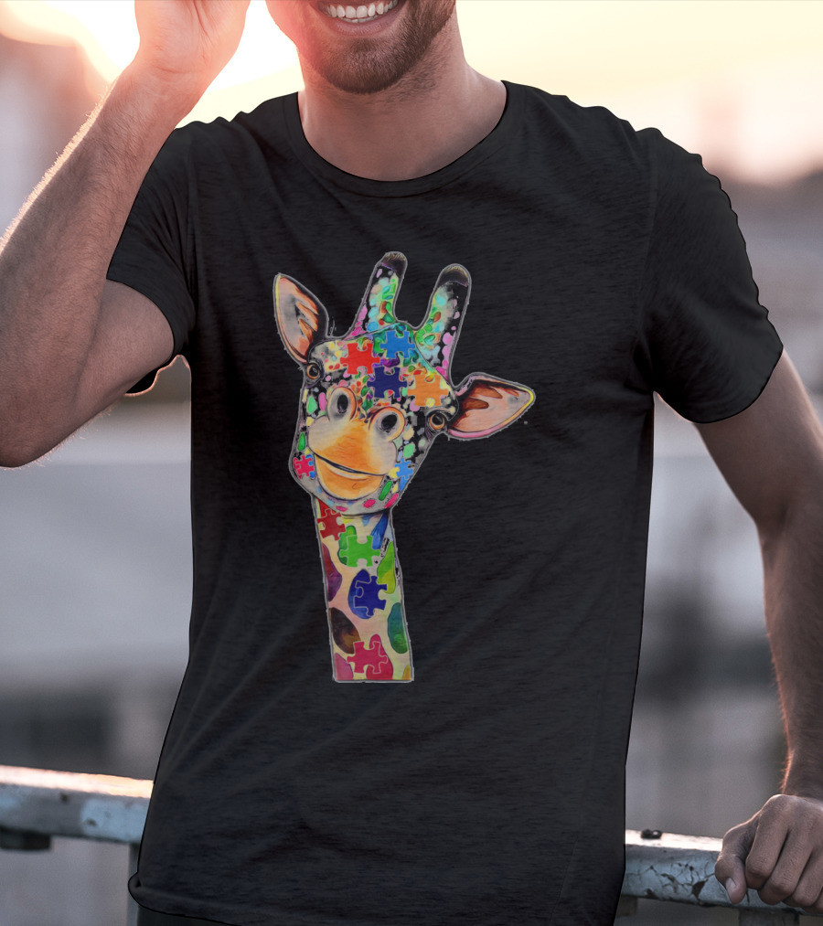 Cute Giraffe With Colorful Puzzle Pieces For Happy Autism Day Awareness T-Shirt