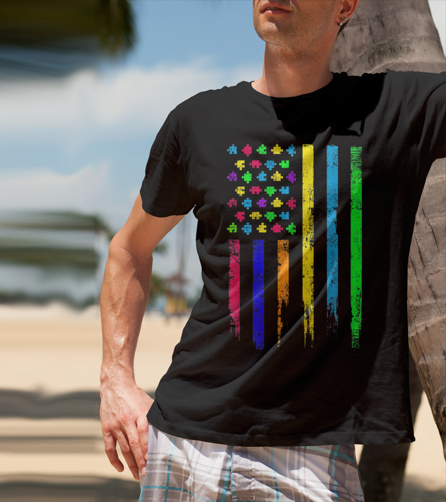 USA Flag Puzzle Pieces Rainbow Stripes T-Shirt