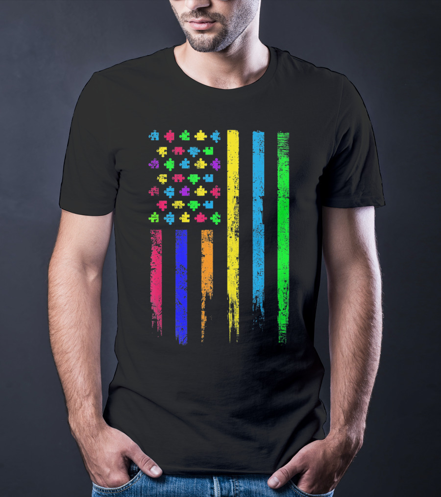 USA Flag Puzzle Pieces Rainbow Stripes T-Shirt