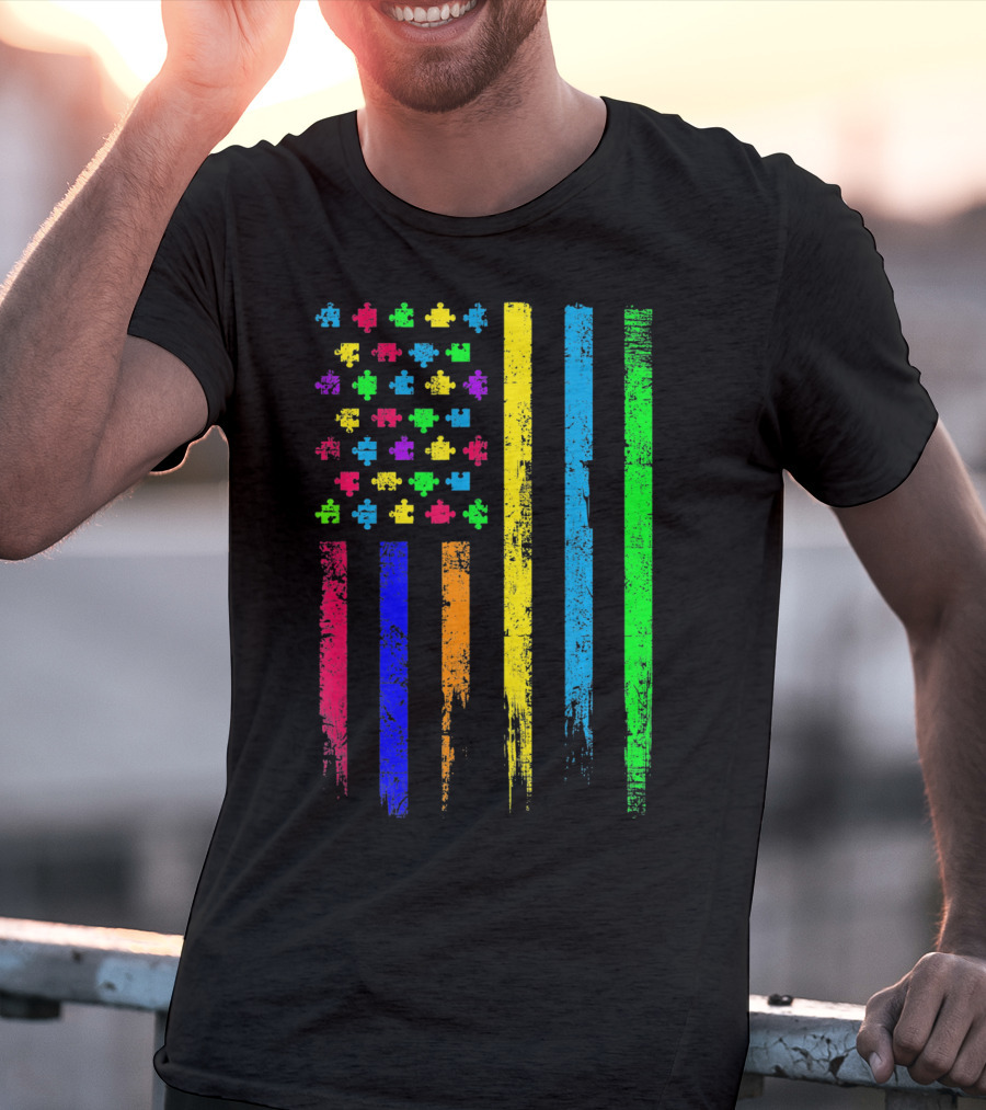 USA Flag Puzzle Pieces Rainbow Stripes T-Shirt