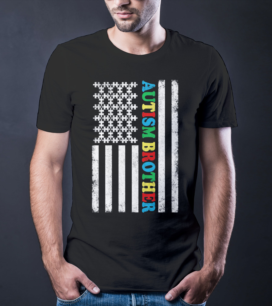 Autism Brother American Flag Puzzle Piece T-Shirt