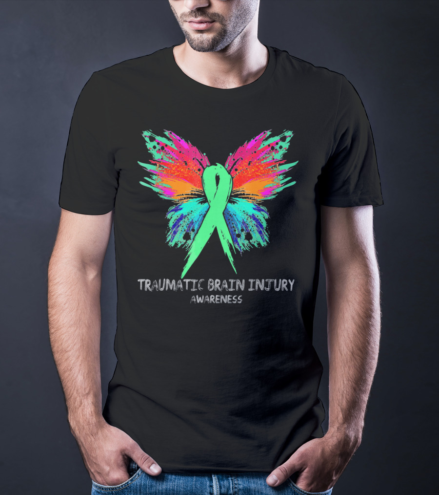 TRAUMATIC BRAIN INJURY Awareness Ribbon Colorful Butterfly T-Shirt