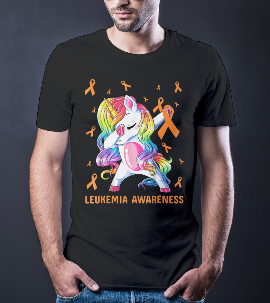 Rainbow Unicorn Dabbing Leukemia Awareness Orange T-Shirt