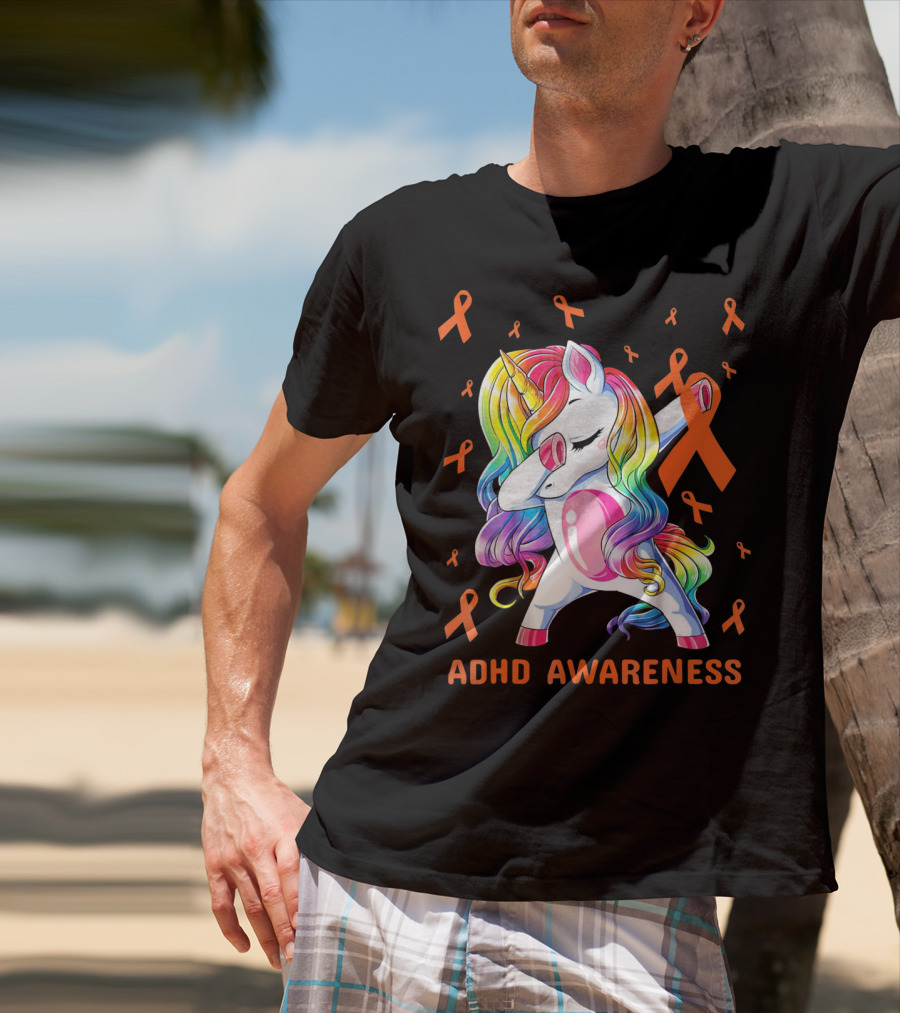 ADHD Awareness Dabbing Unicorn With Rainbow Mane And Orange Ribbons T-Shirt