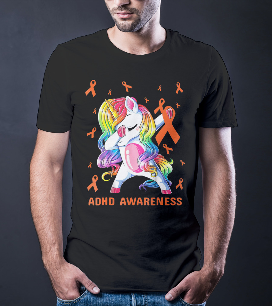 ADHD Awareness Dabbing Unicorn With Rainbow Mane And Orange Ribbons T-Shirt