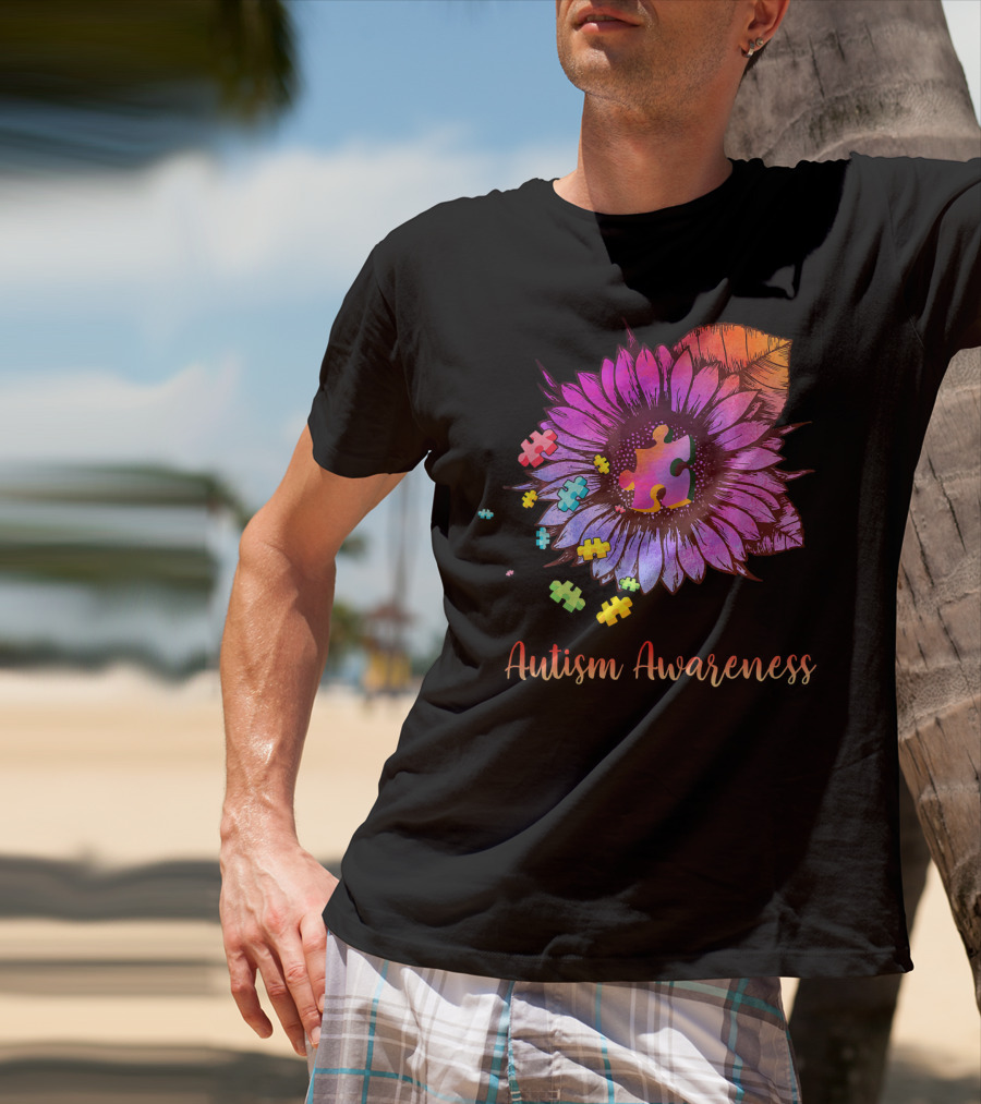 Autism Awareness Puzzle Ribbon Sunflower Hippie T-Shirt