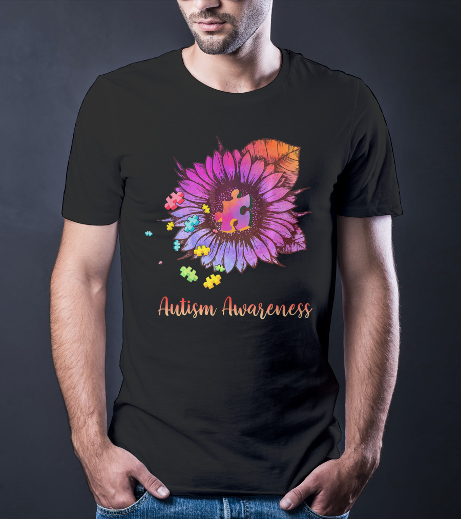 Autism Awareness Puzzle Ribbon Sunflower Hippie T-Shirt