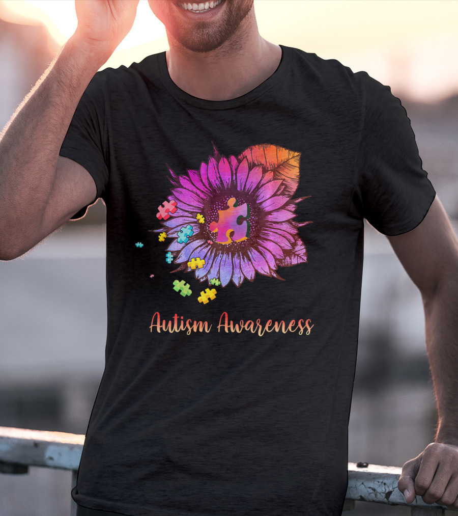 Autism Awareness Puzzle Ribbon Sunflower Hippie T-Shirt