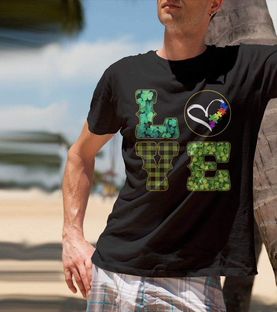 LOVE Shamrocks Plaid Heart Puzzle Autism Awareness St. Patrick's Day T-Shirt