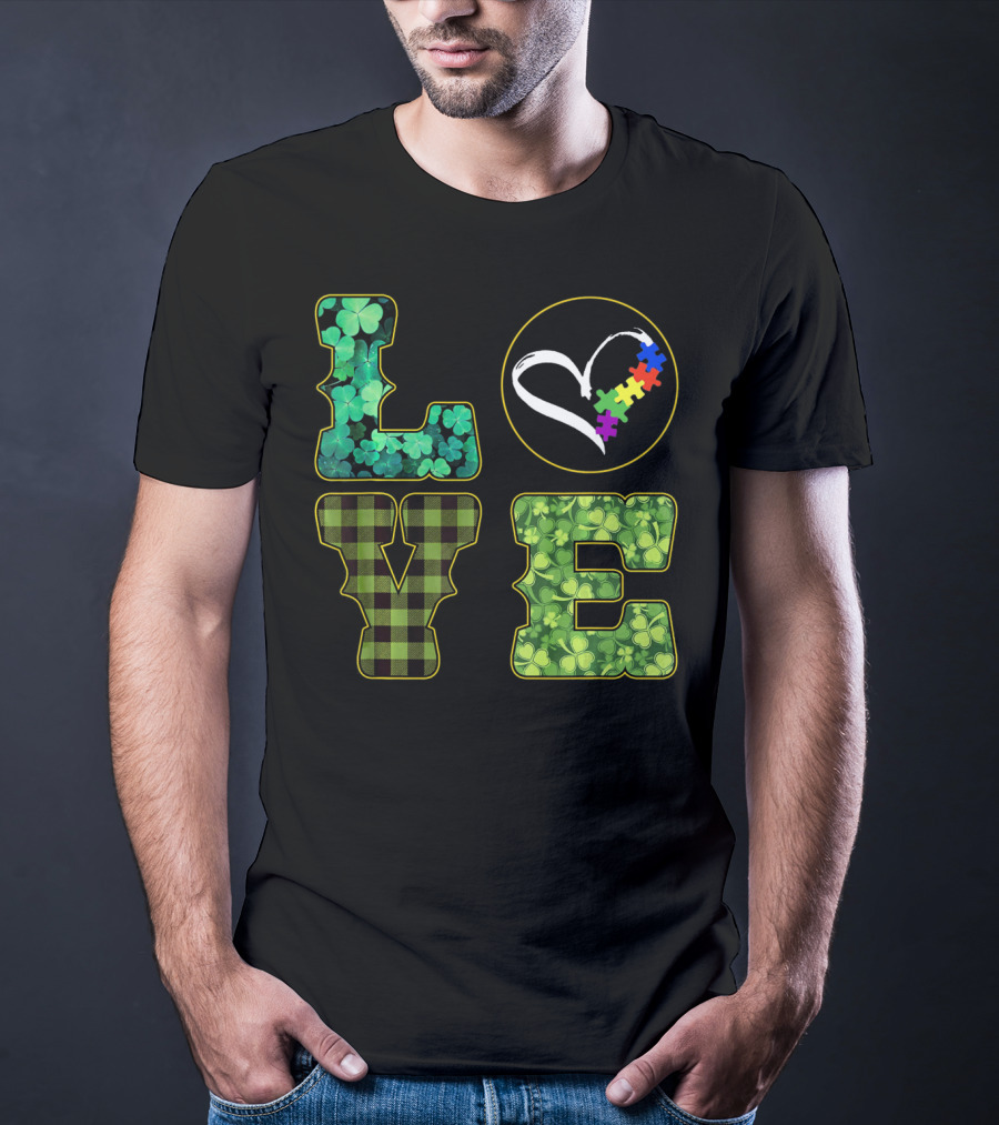 LOVE Shamrocks Plaid Heart Puzzle Autism Awareness St. Patrick's Day T-Shirt