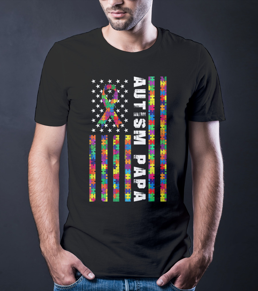 Autism Papa American Flag Puzzle Ribbon Stars T-Shirt