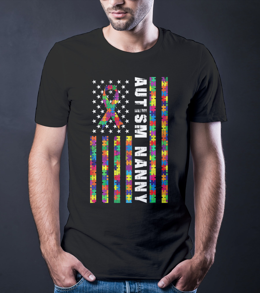 Autism Nanny Puzzle Flag With Rainbow Ribbon Autism T-Shirt