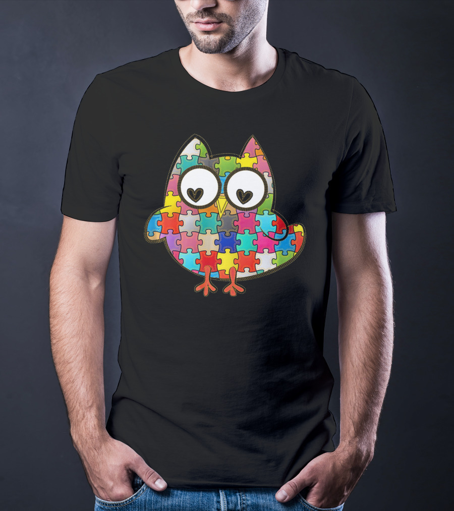 Autism Owl Puzzle Heart Eyes Autism Awareness Month T-Shirt