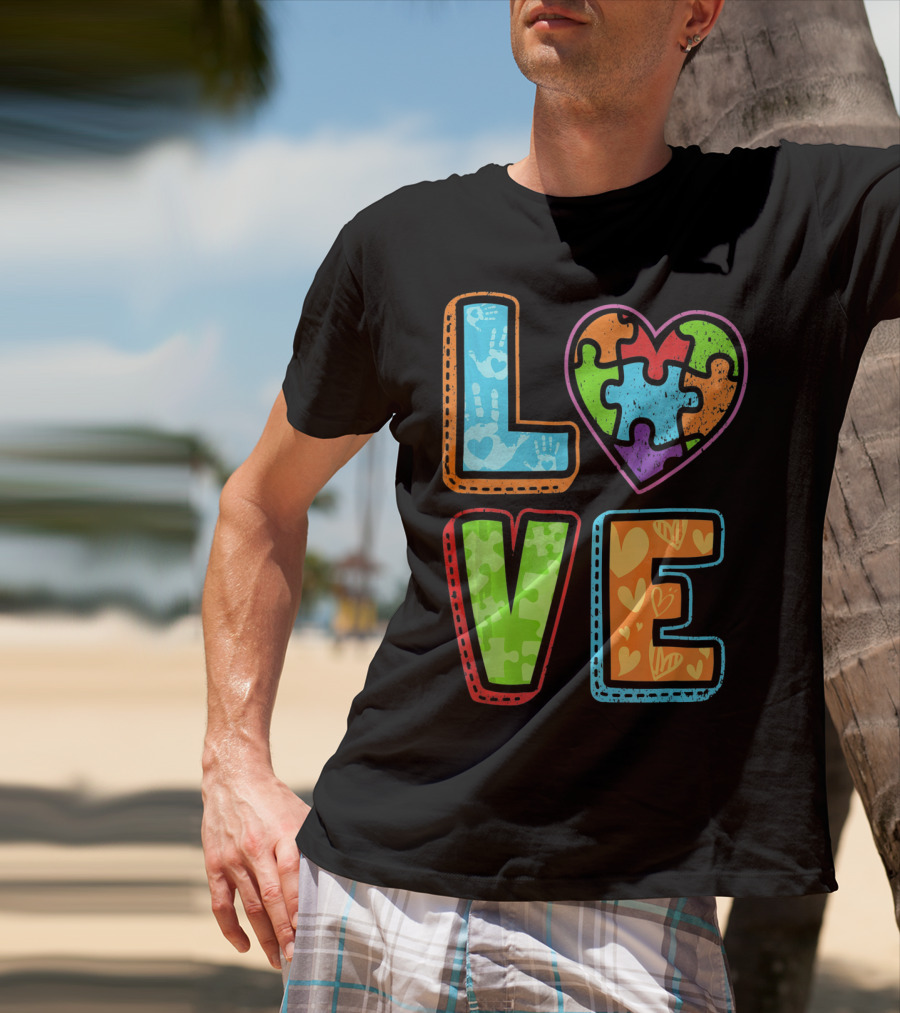 LOVE Heart Autism Awareness Puzzle Handprints T-Shirt