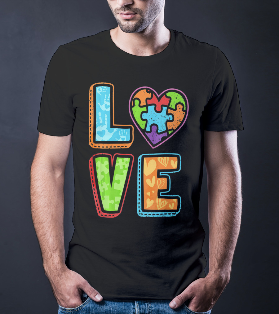 LOVE Heart Autism Awareness Puzzle Handprints T-Shirt