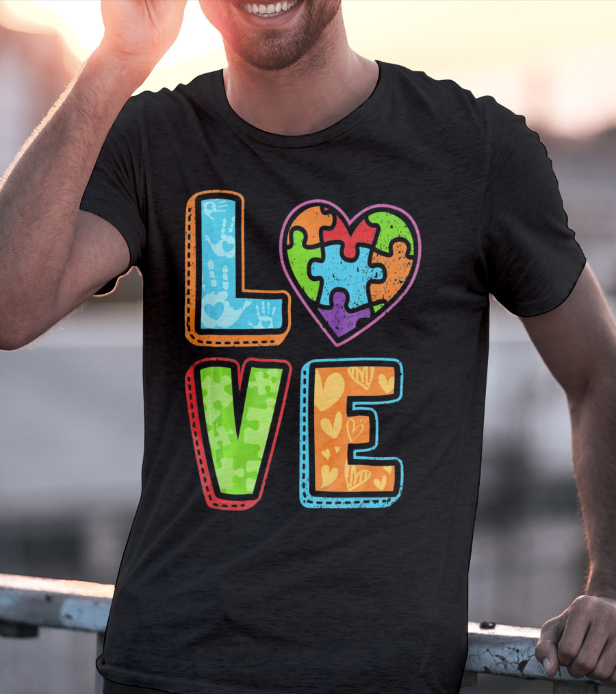 LOVE Heart Autism Awareness Puzzle Handprints T-Shirt