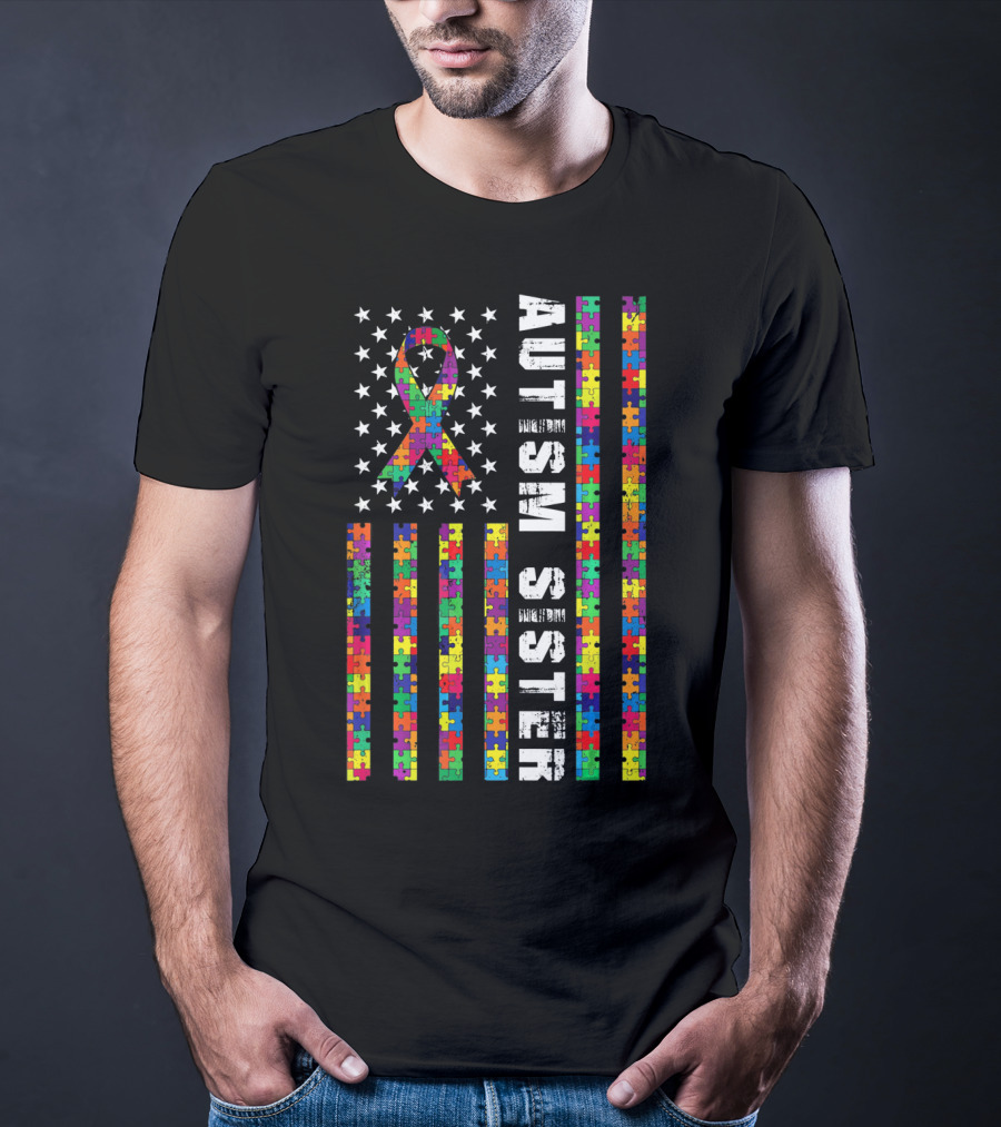 Autism Sister American Flag Puzzle Ribbon Autism Awareness T-Shirt