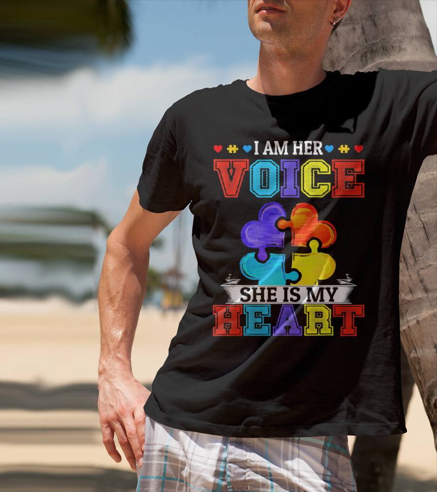 I Am Her Voice She Is My Heart Autism Puzzle Pieces T-Shirt