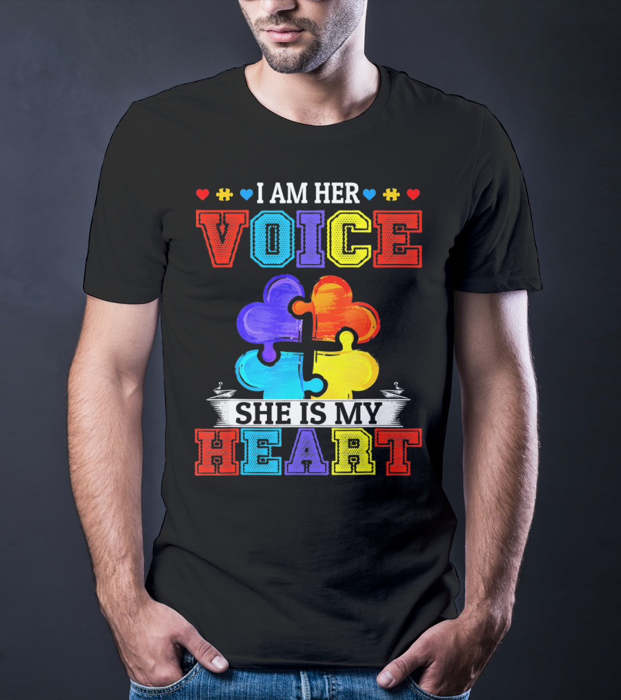 I Am Her Voice She Is My Heart Autism Puzzle Pieces T-Shirt