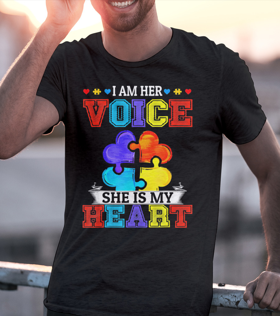 I Am Her Voice She Is My Heart Autism Puzzle Pieces T-Shirt