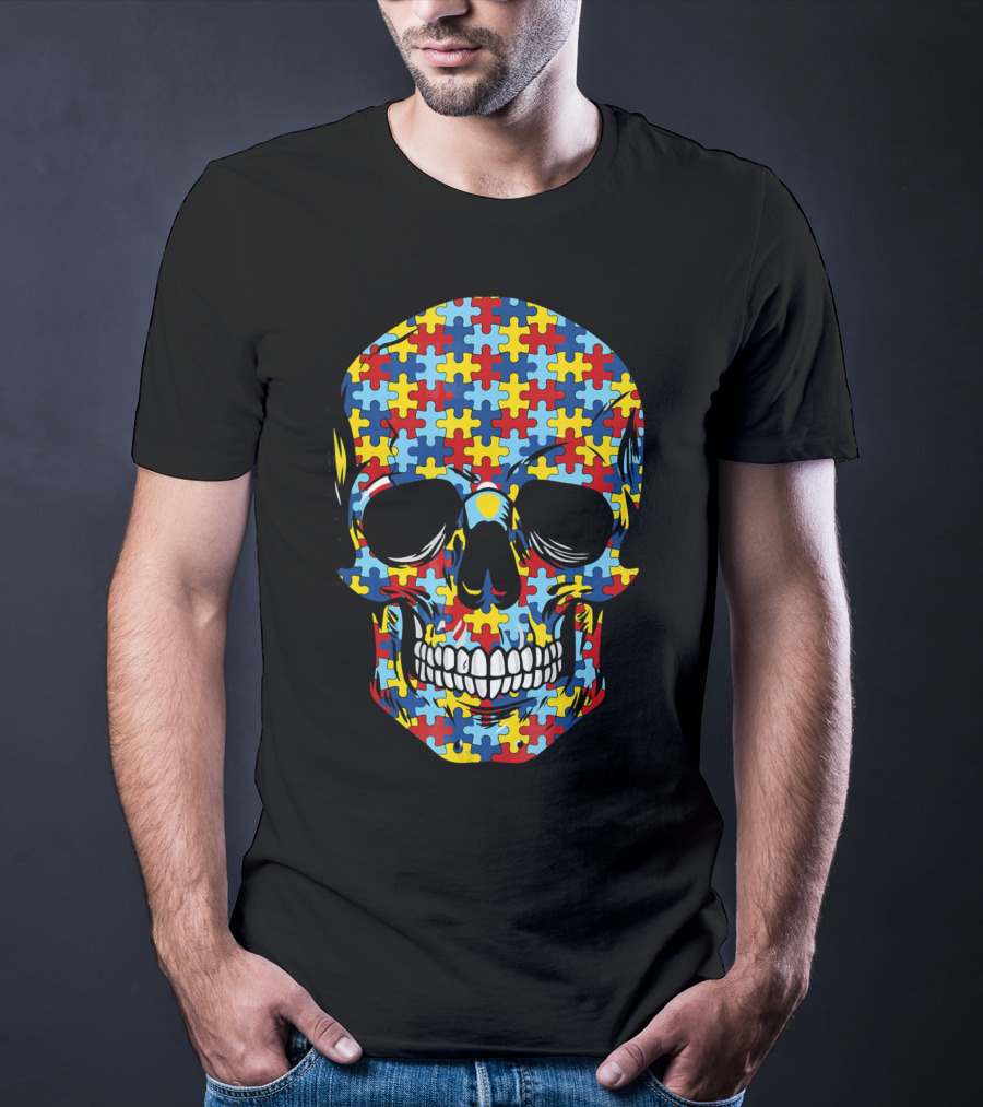 Skull Puzzle Pattern Autism Awareness T-Shirt