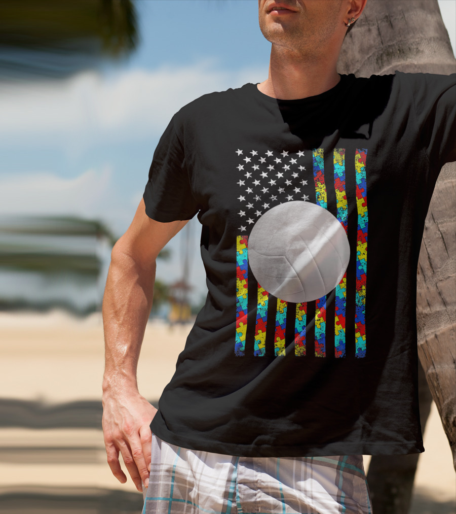 Autism Awareness Puzzle Flag Volleyball American Flag T-Shirt