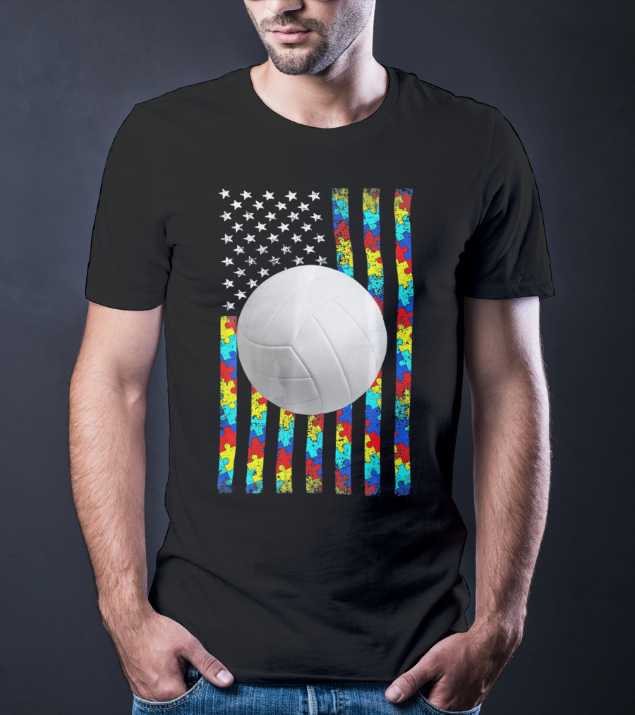 Autism Awareness Puzzle Flag Volleyball American Flag T-Shirt