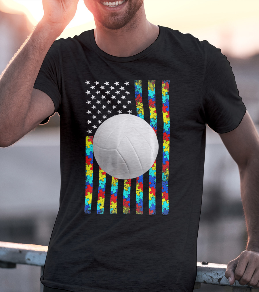 Autism Awareness Puzzle Flag Volleyball American Flag T-Shirt